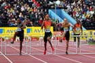 Javier Culson leads David Greene and Angela Taylor off the final barrier in the 400 metres hurdles, 2012 Samsung Diamond League, Crystal Palace, London.